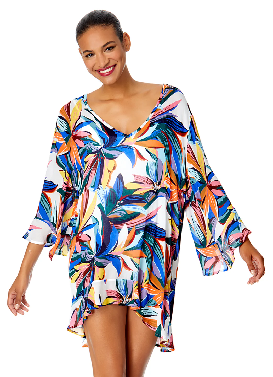 Anne Cole Women's Riviera Floral Bell Sleeve Flounce Cover Up Tunic - Image 3