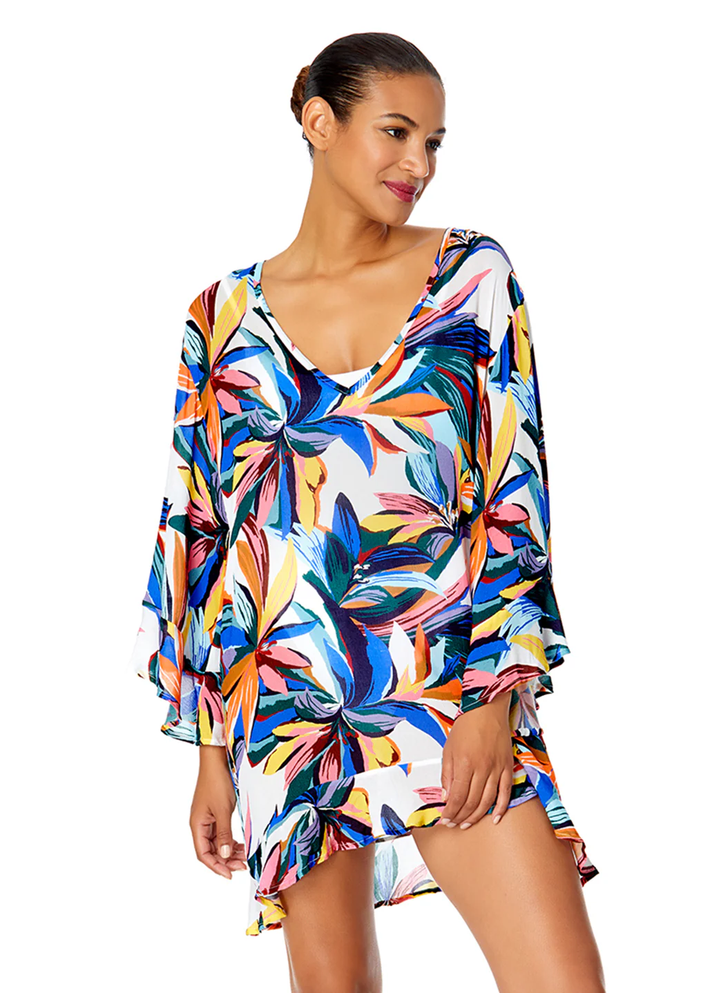 Anne Cole Women's Riviera Floral Bell Sleeve Flounce Cover Up Tunic - Image 4