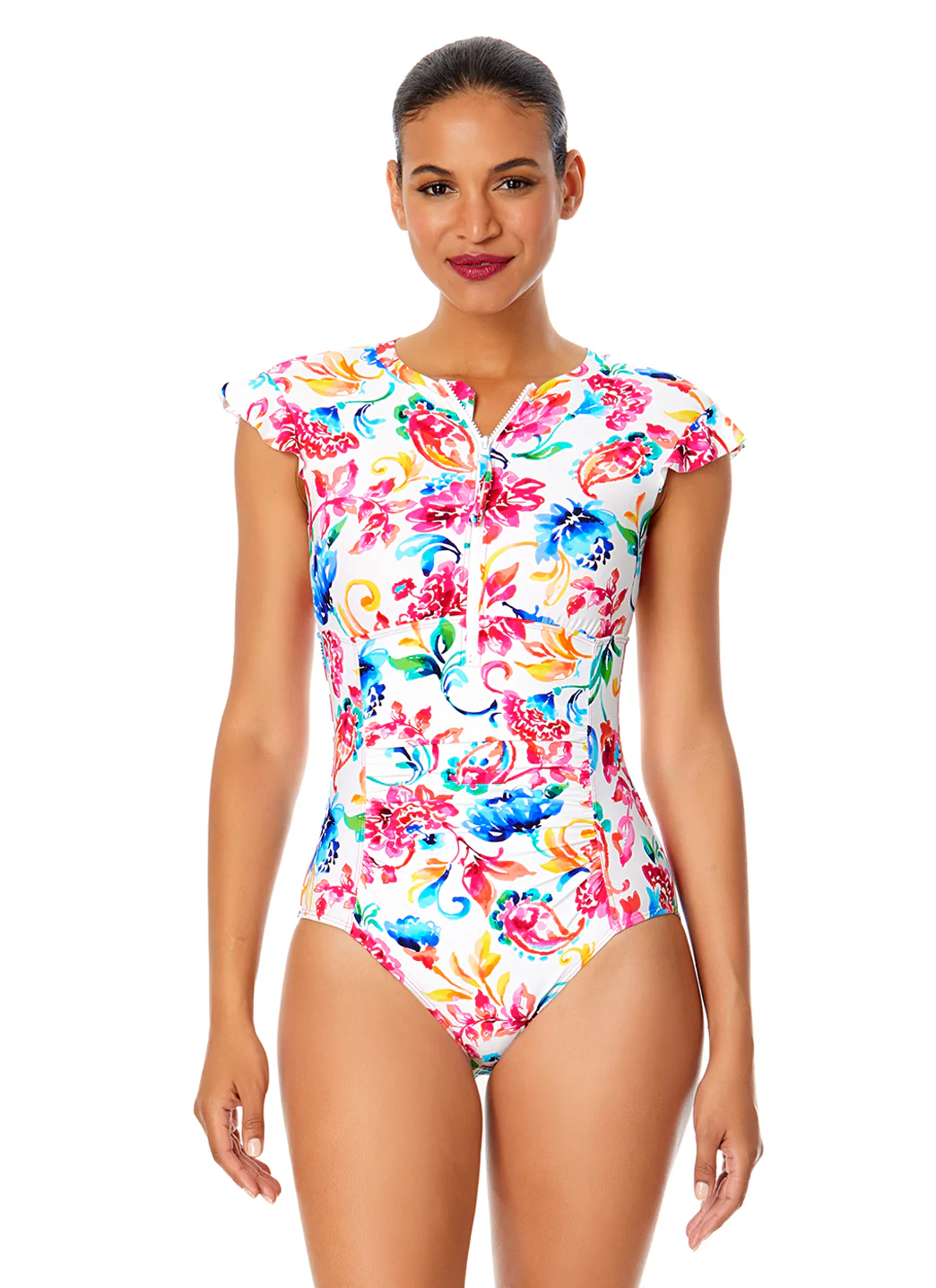 Anne Cole Women's Watercolor Paisley Flutter Sleeve Zip Front One Piece Swimsuit - Image 3