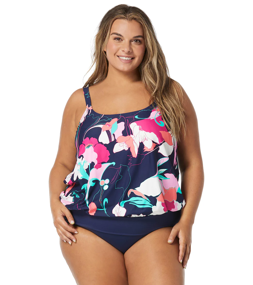 Beach House Women's Plus Size Avalon Floral Sarah Blouson Tankini Top