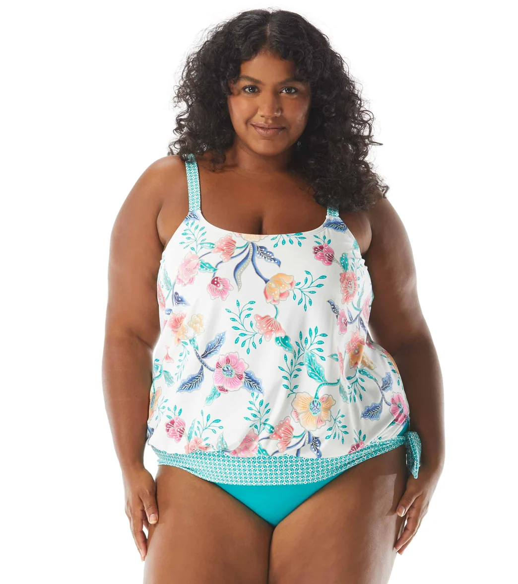 Beach House Women's Plus Size Floral Fantasy Sarah Side Tie Blouson Tankini Top - Image 4