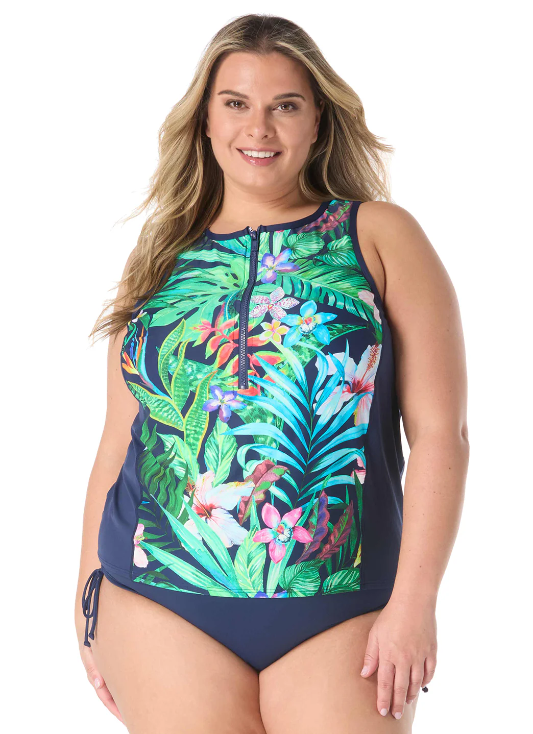 Beach House Women's Plus Size Tropic Paradise Racer Zip Front Tankini Top - Image 3