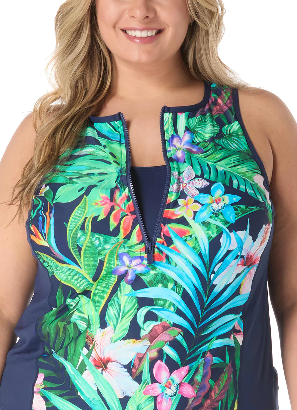 Beach House Women's Plus Size Tropic Paradise Racer Zip Front Tankini Top - Image 7