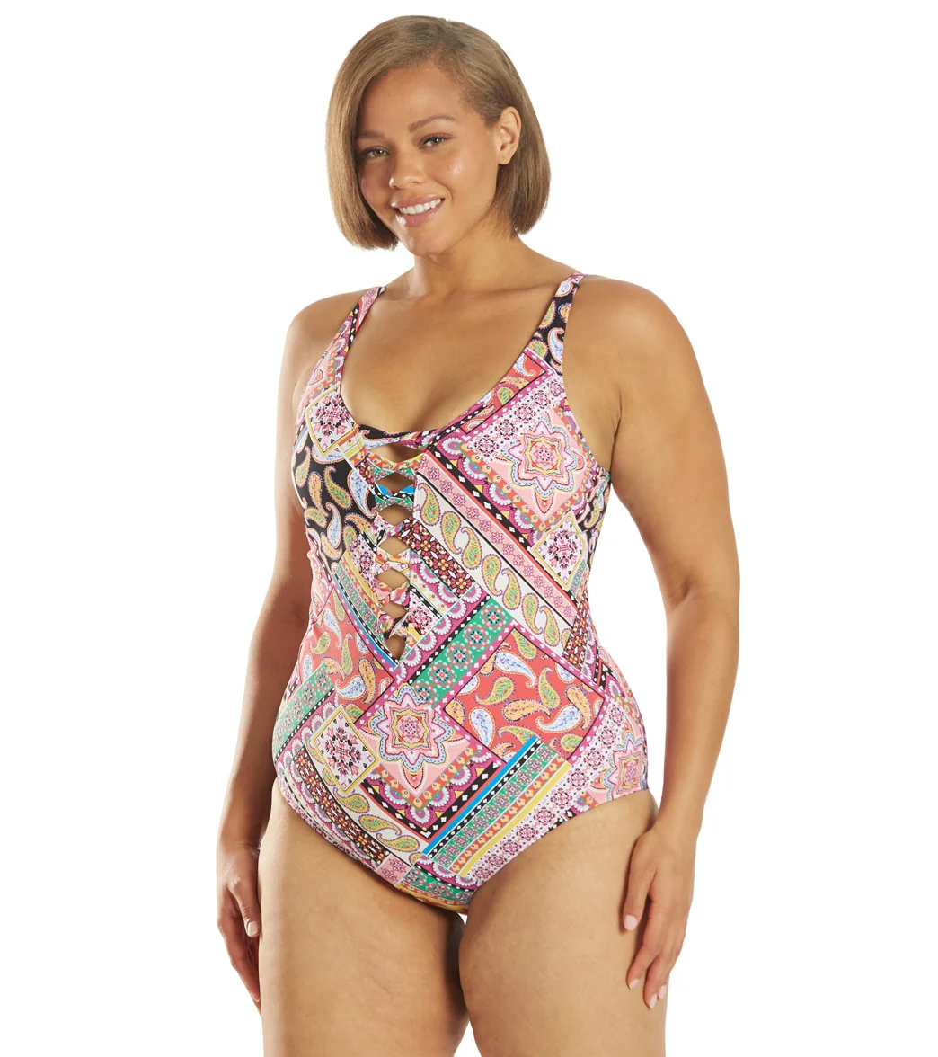 BLEU Rod Beattie Women's Plus Size Just Cool Lace Down OTS Mio Plunge One Piece Swimsuit - Image 5