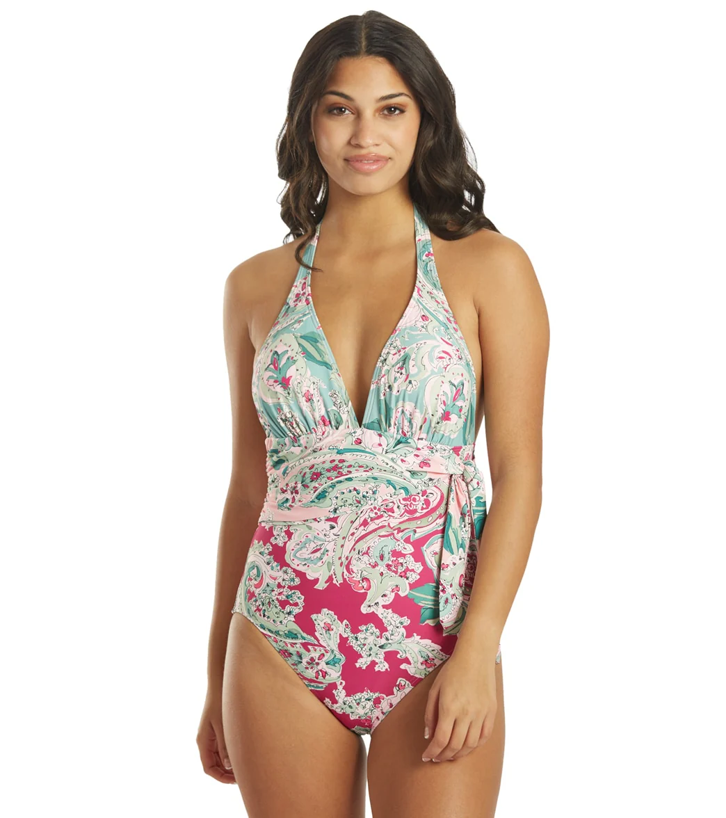 Carmen Marc Valvo Women's Bellago Paisley Scarf V Neck Halter One Piece Swimsuit