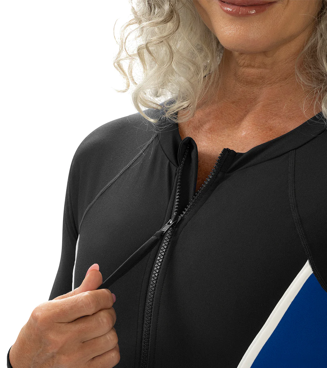 Dolfin Aquashape Women's Color Blocked Zip Front Mock Neck Long Sleeve Moderate One-Piece Swimsuit - Image 3