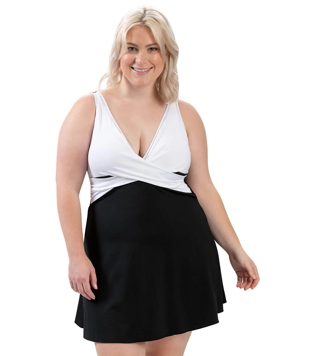 Dolfin Women's Aquashape Solid V-Neck Wrap Swim Dress Black/White - Image 4