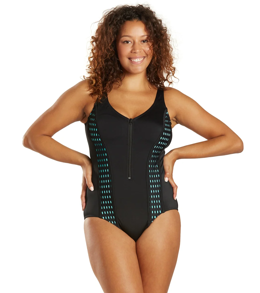 Fit4U Women's Lattice V Neck Zipper One Piece Swimsuit (C Cup)