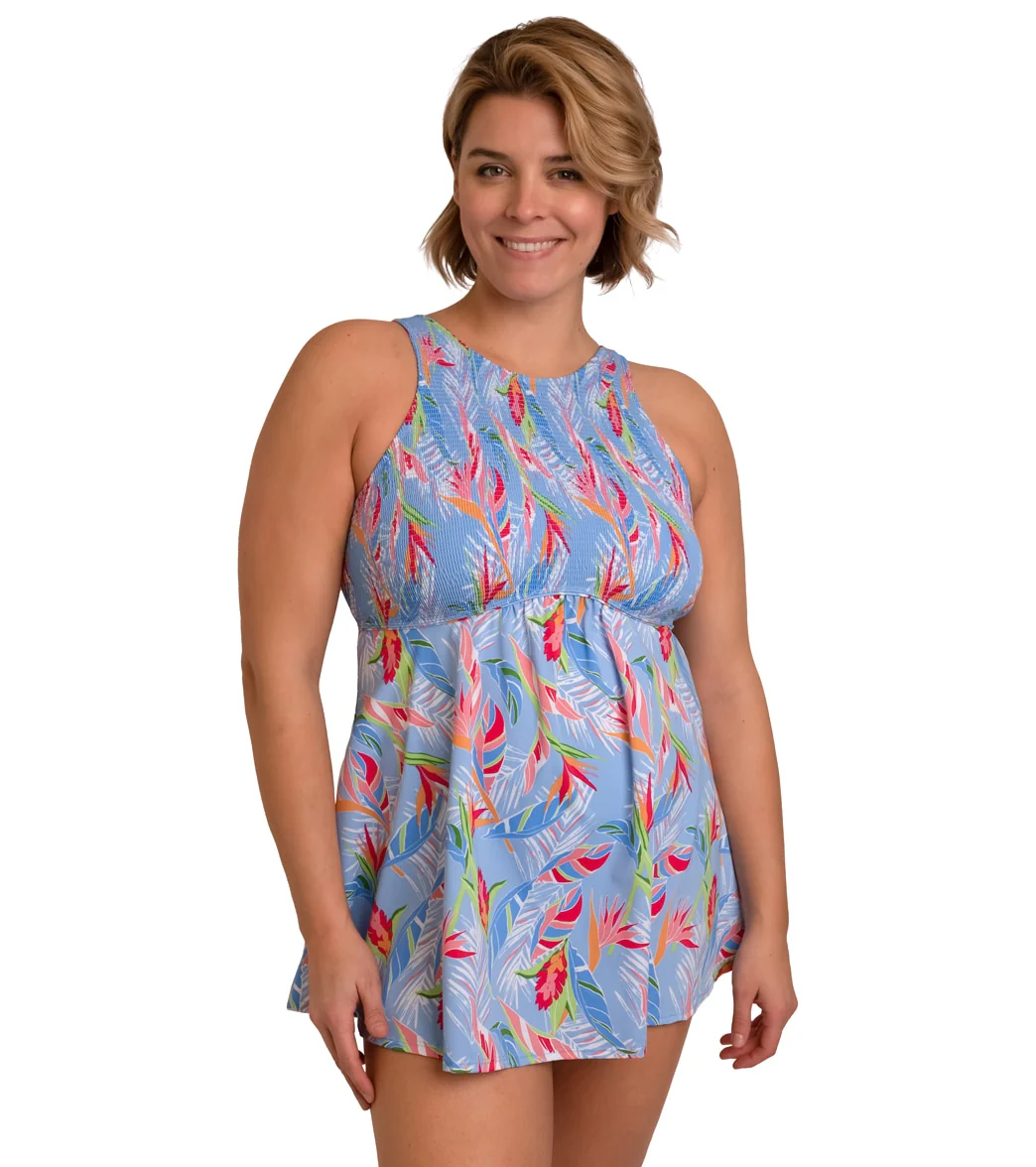 Fit4U Women's Plus Size Dawn Smocked High Neck Swim Dress