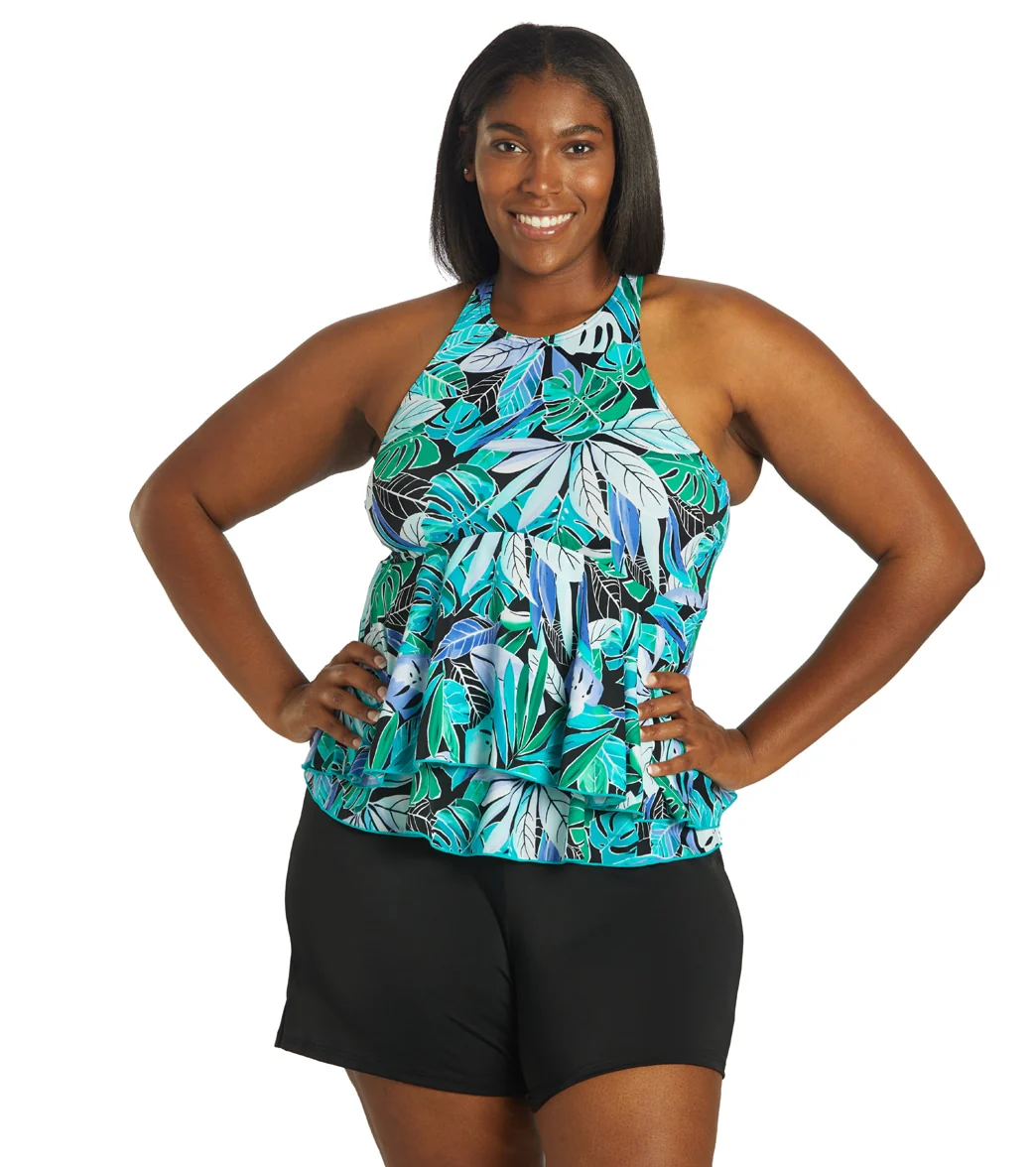 Fit4U Women's Plus Size Palms High Neck Two Tiered Tankini Top - Image 7