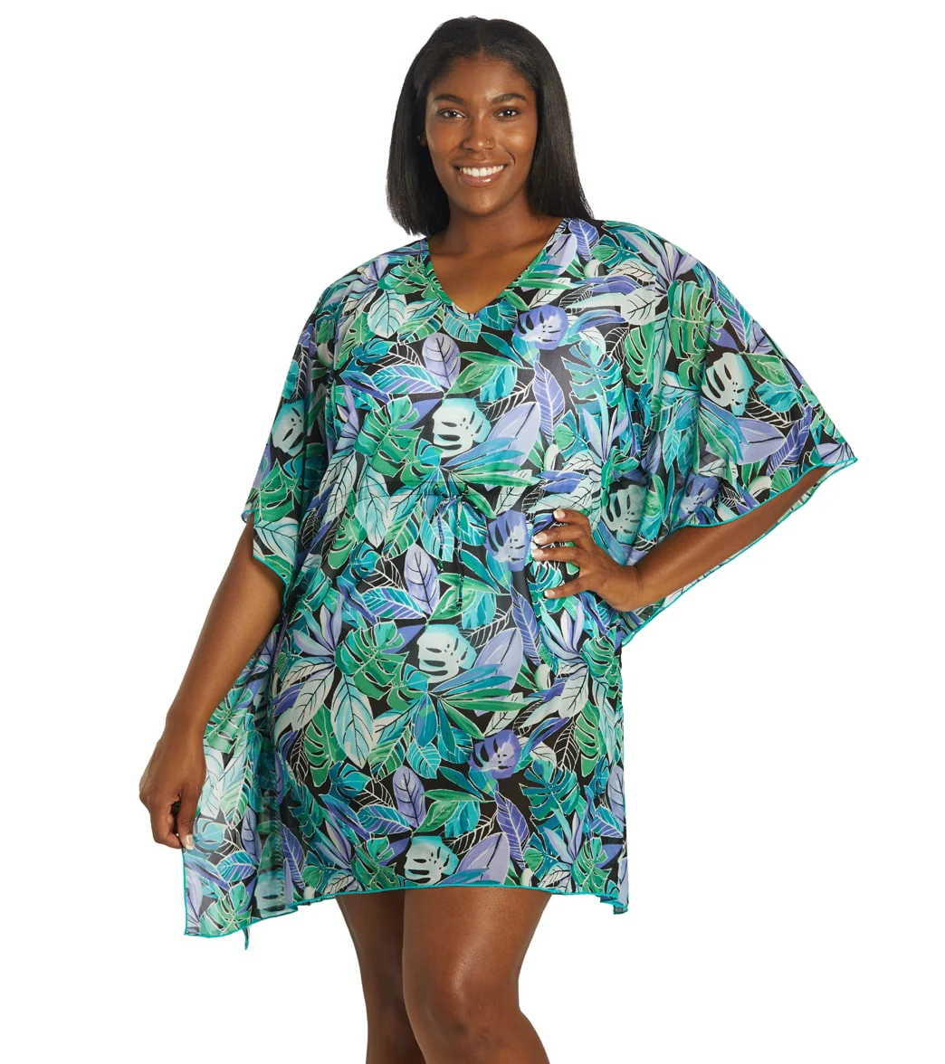 Fit4U Women's Plus Size Palms Mesh V Neck Drawstring Swim Cover Up