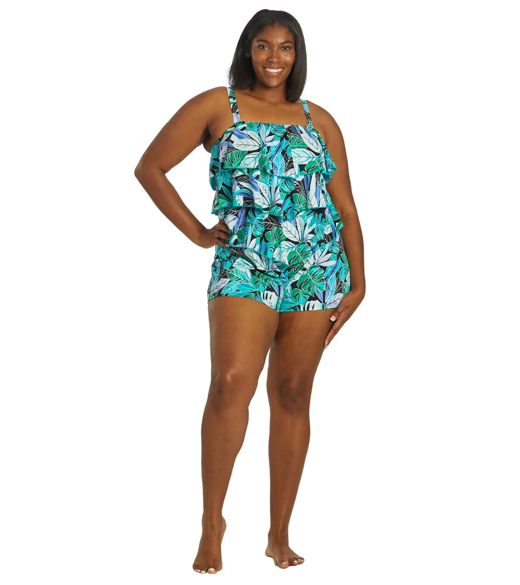 Fit4U Women's Plus Size Palms Three Tier V Hem Swim Romper - Image 4