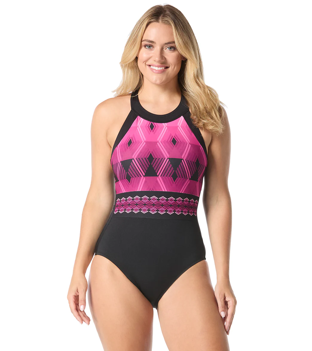 Gabar Women' s Chlorine Resistant Aqua Prisms High Neck One Piece Swimsuit - Image 4