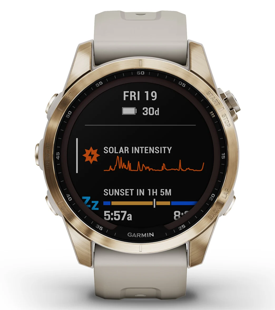 Garmin Fenix 7S Sapphire Solar Cream Gold Titanium/Light Sand Band - Image 2