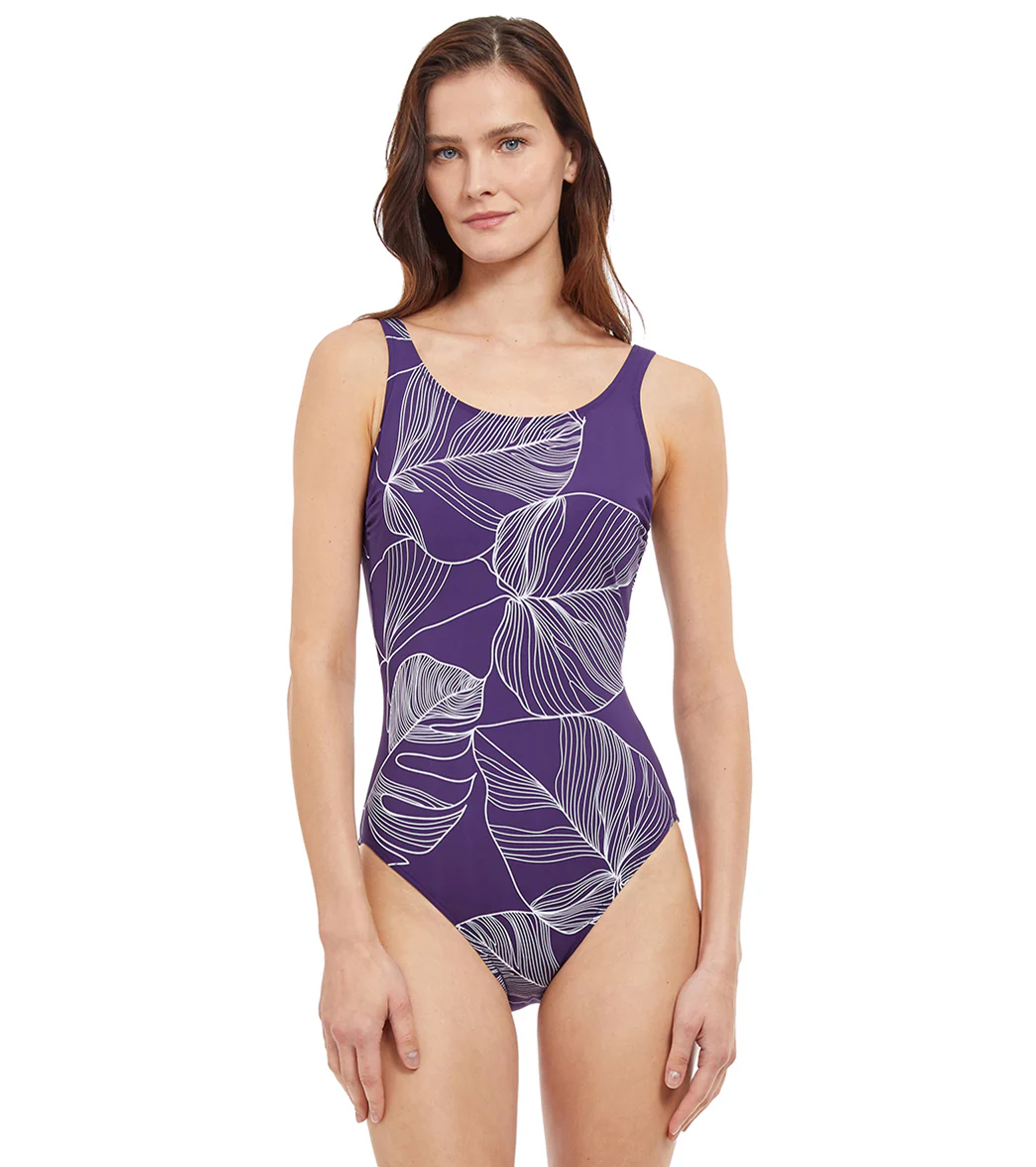 Gottex Women's Mastectomy Natural Essence White Etched Leaf Print High Neck One Piece Swimsuit