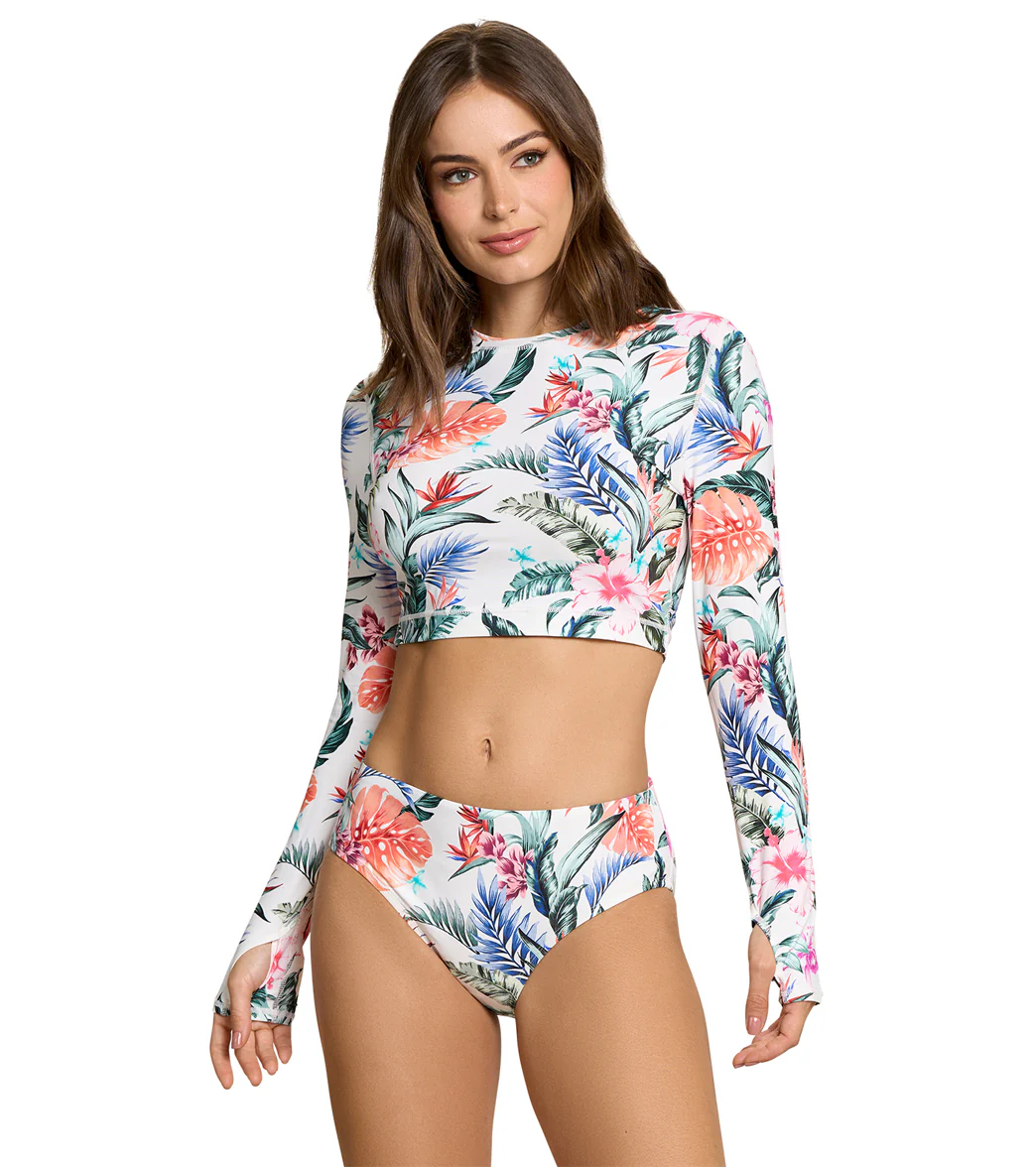 Jantzen Women's Hawaiian Terrace Bloq UV Cropped Swim Rash Guard Tee