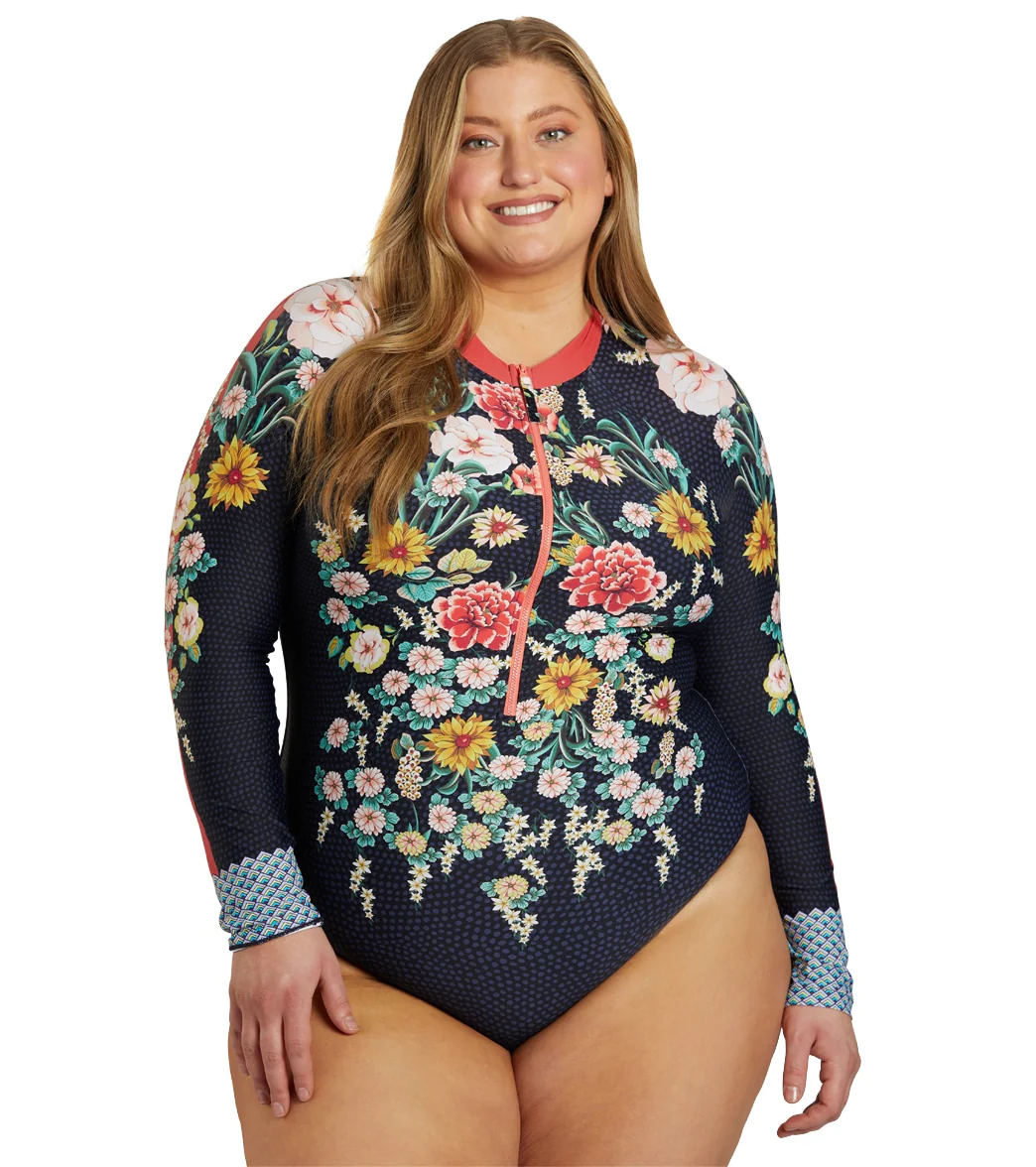 Johnny Was Women's Plus Size Dark Floral Long Sleeve  One Piece Swimsuit - Image 7