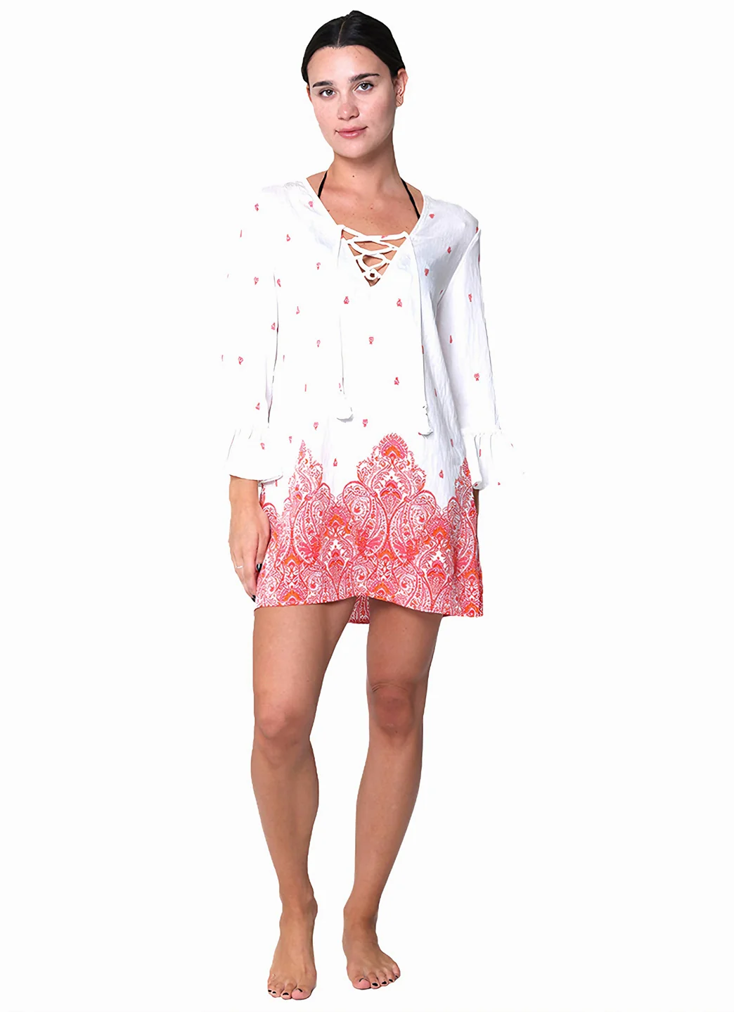 J.Valdi Women's Corsica Ruffle Sleeve Lace Neck Tunic Cover Up - Image 2