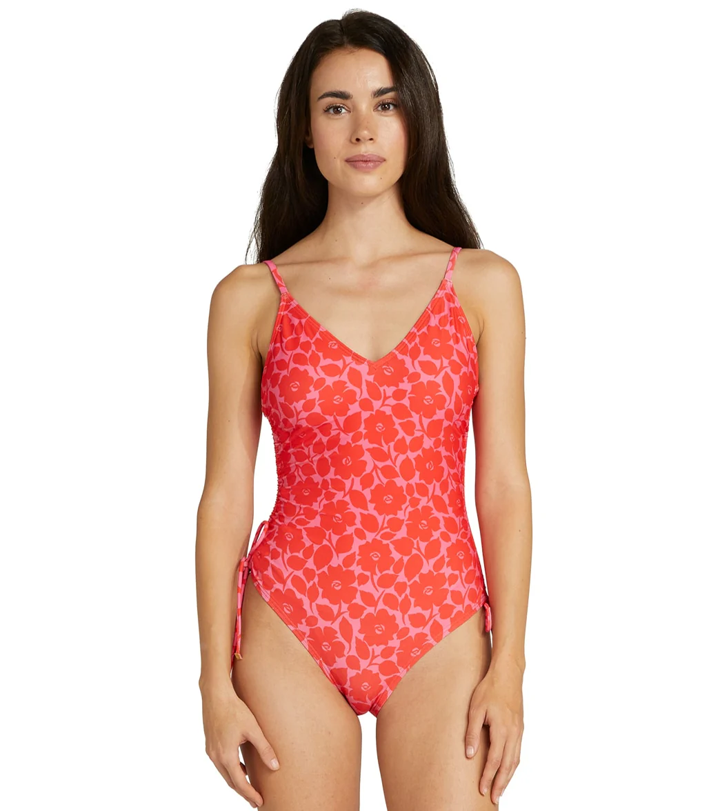 Kate Spade New York Women's Rosy Garden Shirred V Neck One Piece Swimsuit