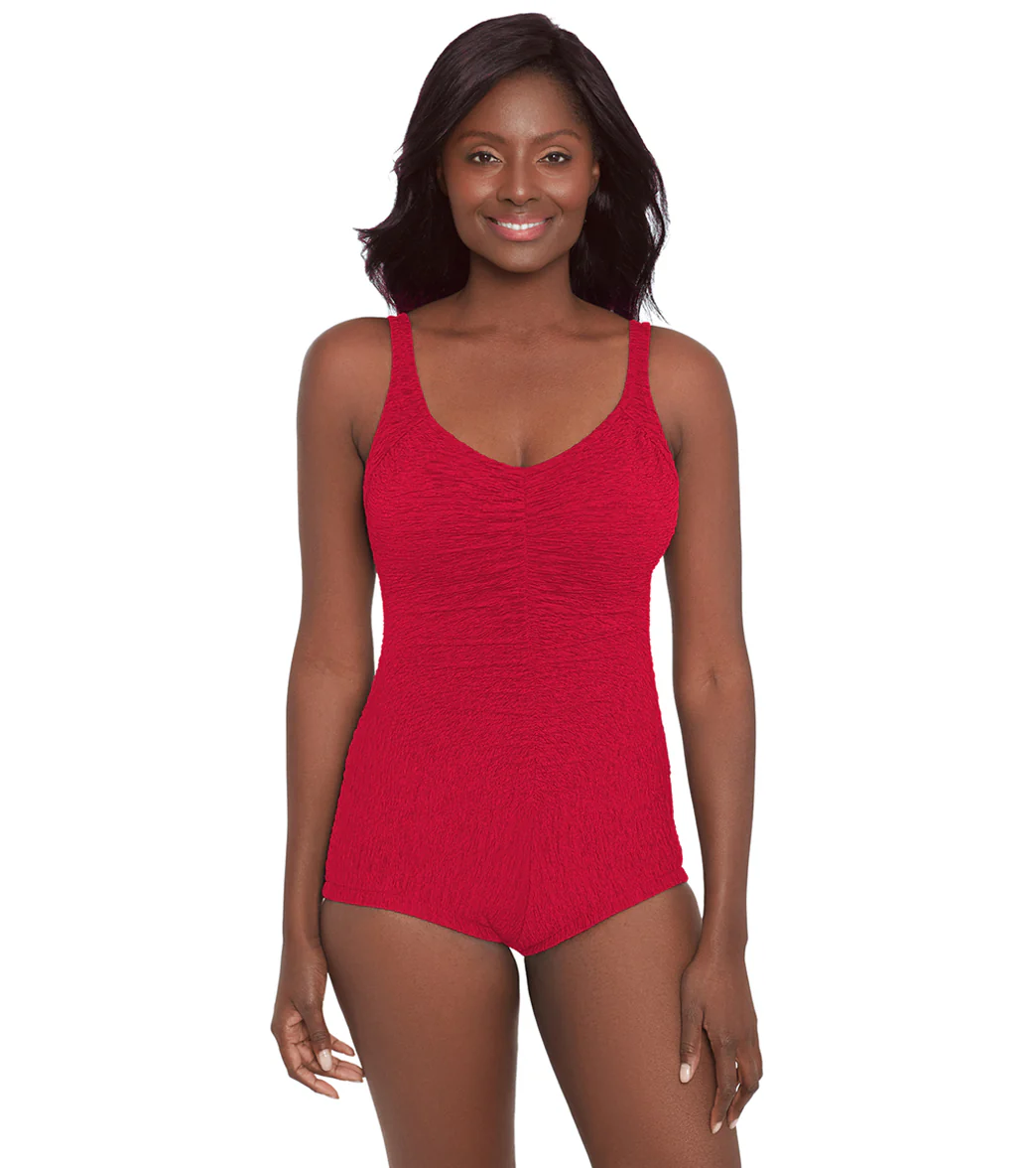 Krinkle by Penbrooke Women's Krinkle Chlorine Resistant Shirred Front Girl Leg One Piece Swimsuit - Image 2