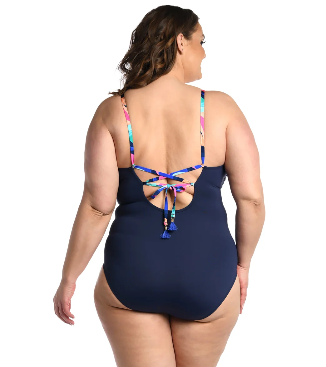 La Blanca Women's Plus Painted Leaves Plunge One Piece Swimsuit - Image 2