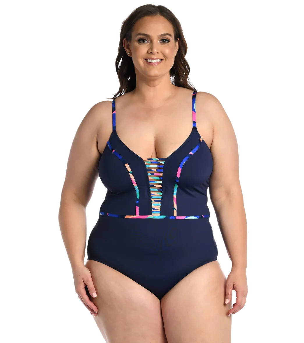 La Blanca Women's Plus Painted Leaves Plunge One Piece Swimsuit - Image 5