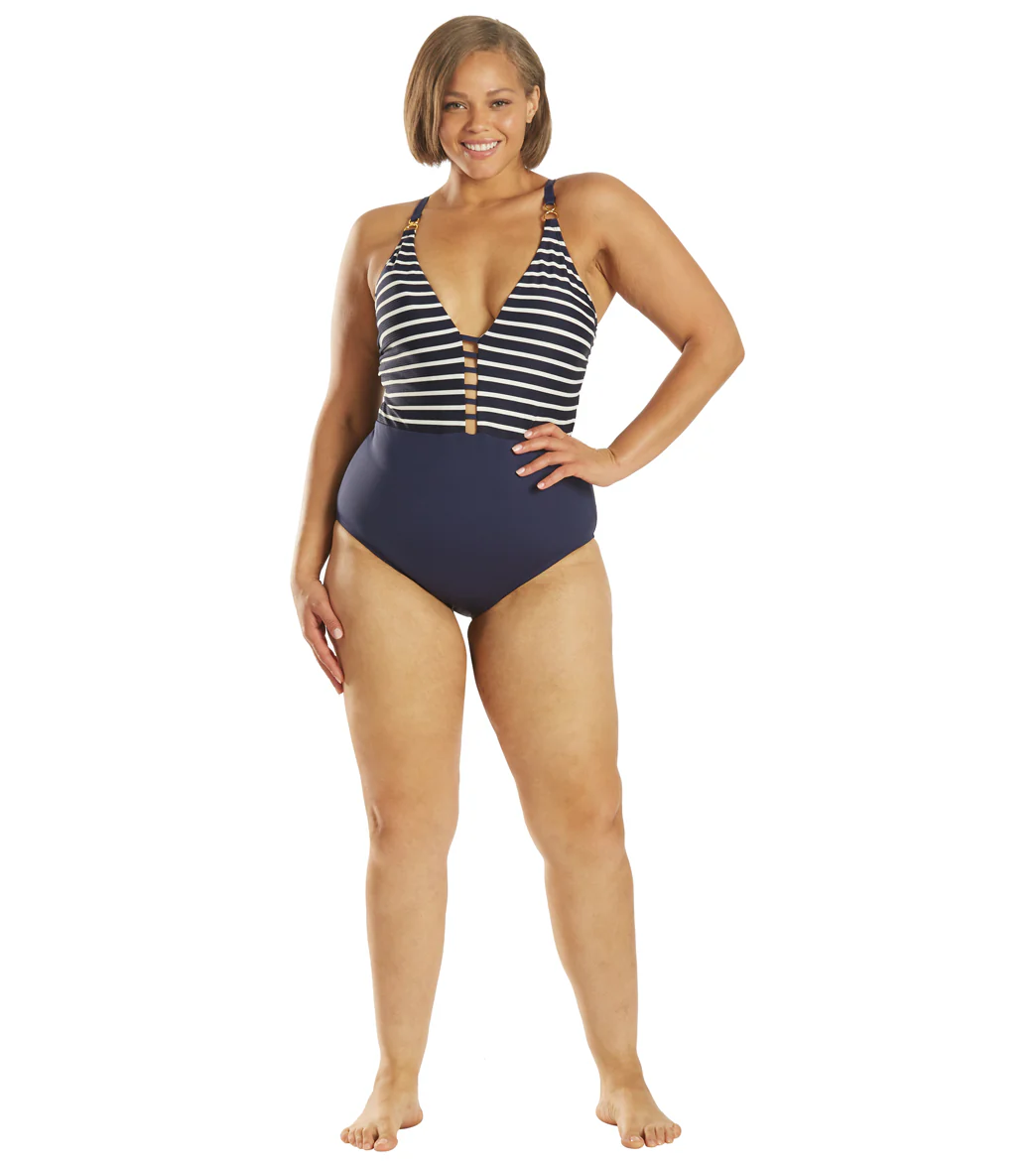 La Blanca Women's Plus Size Capri Stripe Plunge One Piece Swimsuit - Image 4
