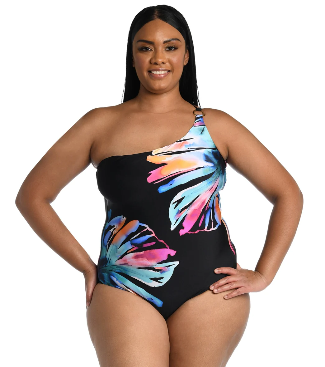 La Blanca Women's Plus Size Prism Palm One Shoulder One Piece Swimsuit