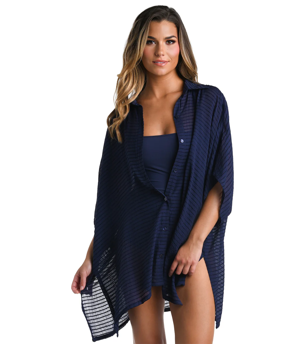 La Blanca Women's Shadow Stripe Convertible Shirtdress
