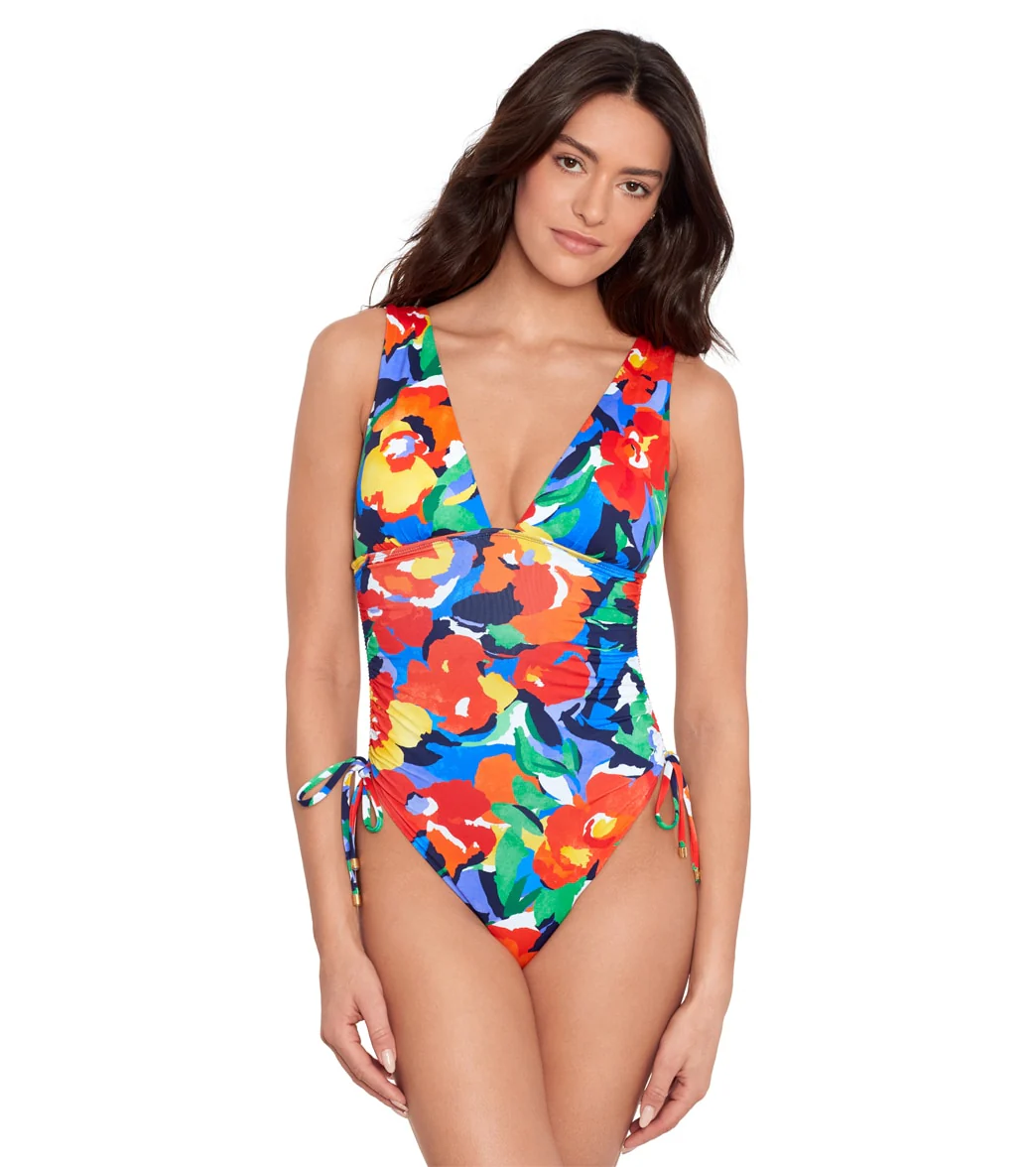 Lauren Ralph Lauren Bold Floral Shirred Plunge One Piece Swimsuit - Image 5