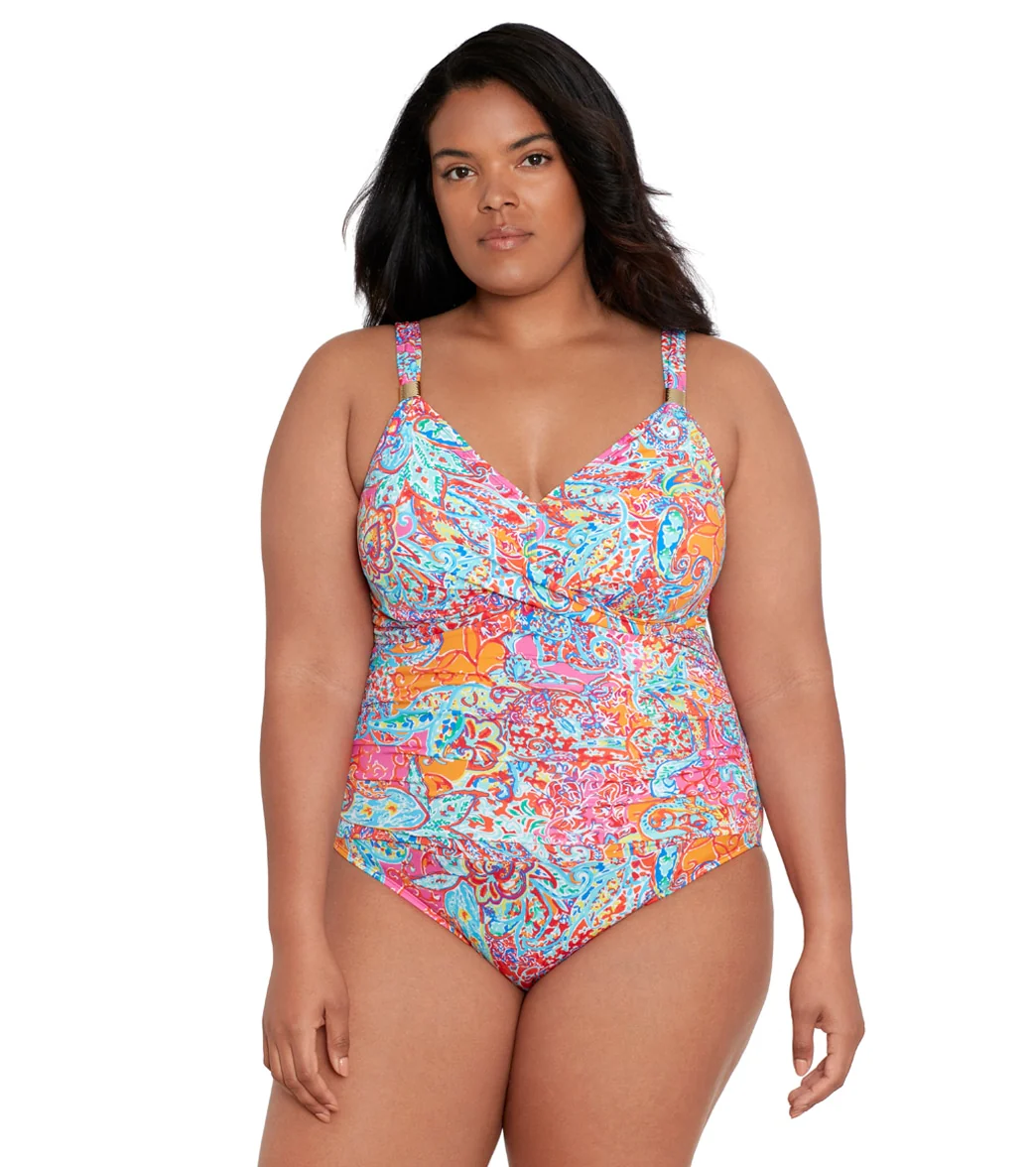 Lauren Ralph Lauren Women's Plus Size Amara Patchwork Twist Shirred One Piece Swimsuit