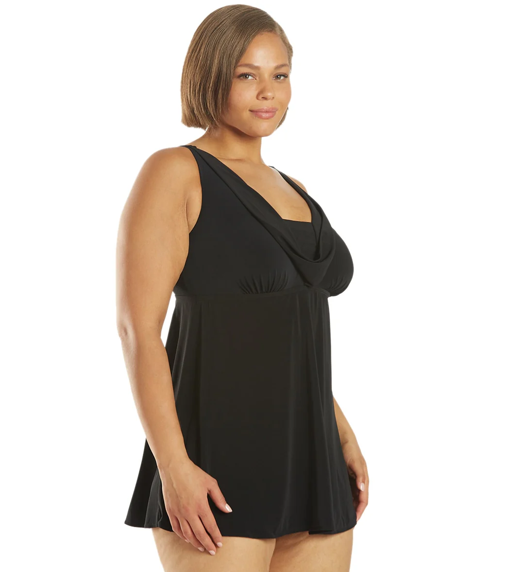 Longitude Plus Size Little Black Dress Cowl Neck Swim Dress - Image 2