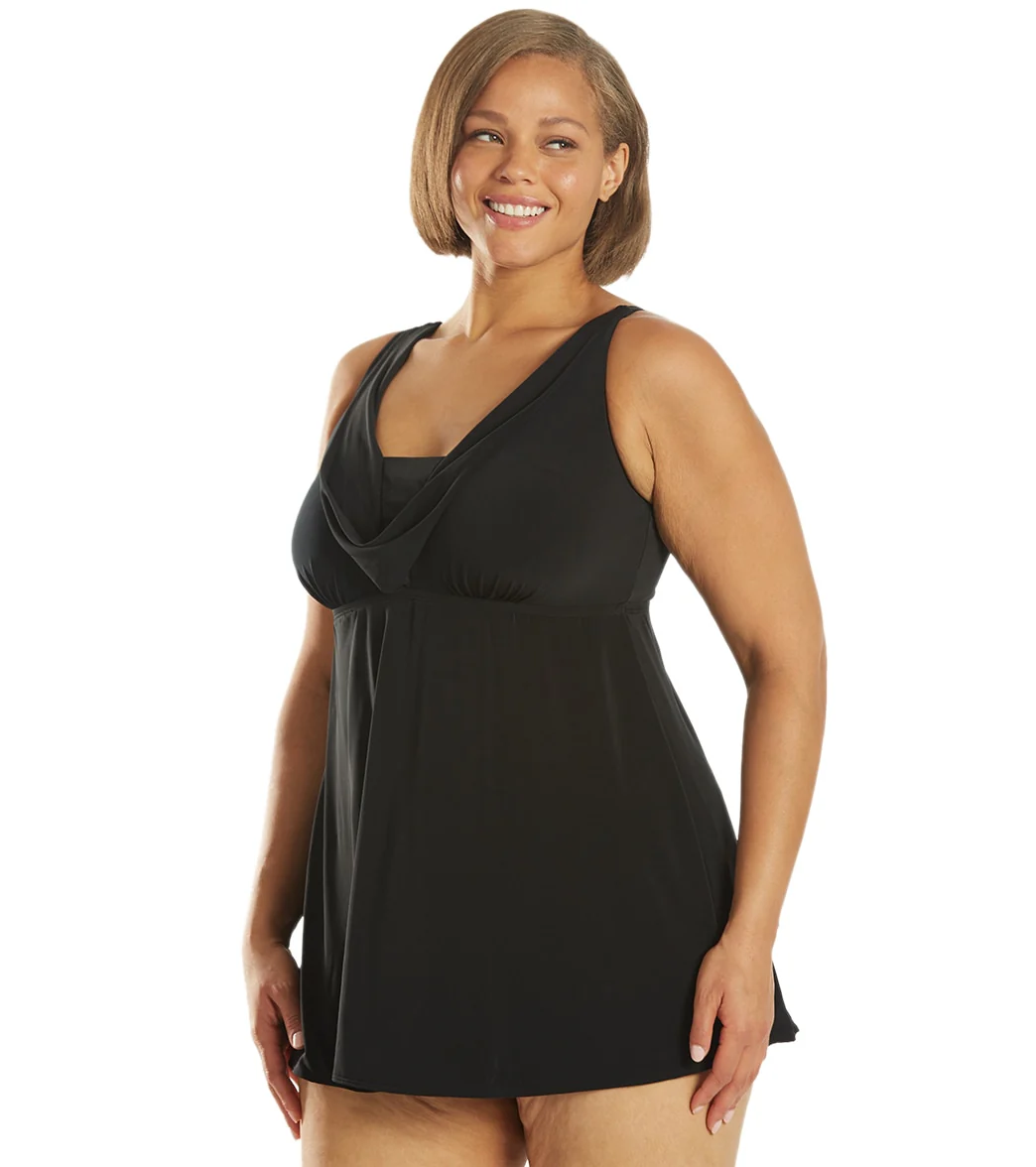 Longitude Plus Size Little Black Dress Cowl Neck Swim Dress - Image 5