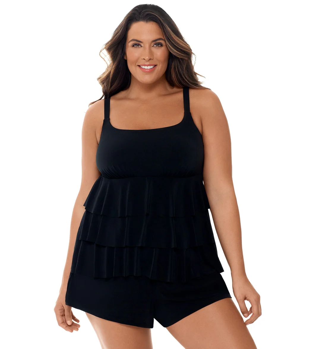 Longitude Plus Size Little Black Dress Ruffle Swim Romper