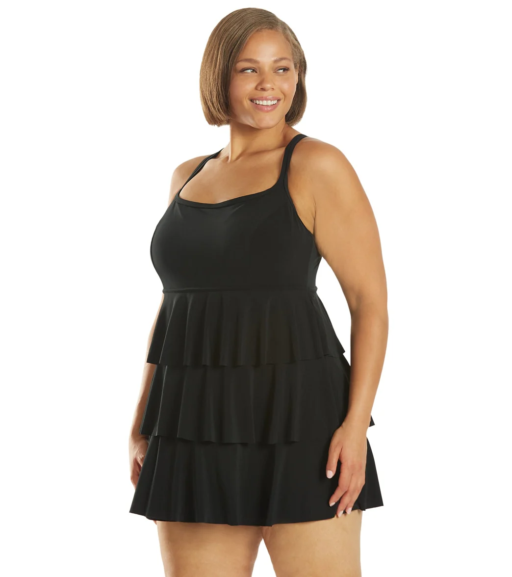 Longitude Plus Size Little Black Dress Triple Tier Swim Dress - Image 5