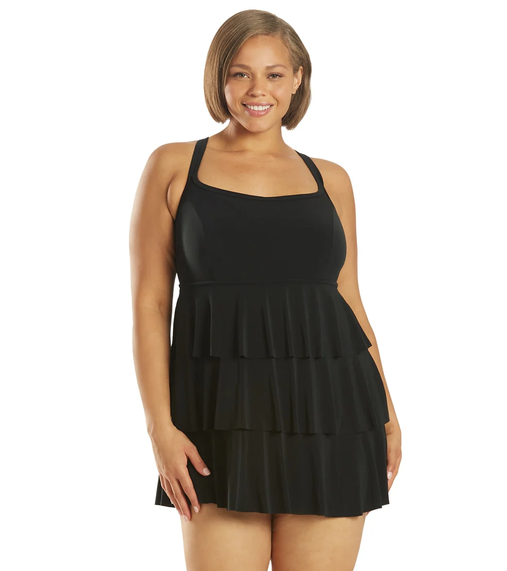 Longitude Plus Size Little Black Dress Triple Tier Swim Dress - Image 8