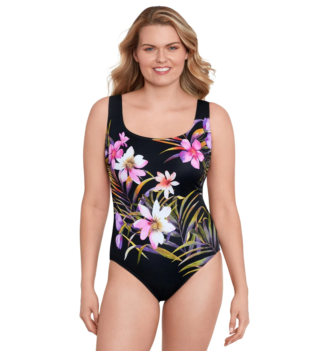 Longitude Women's Beach Corsage Panel Scoopneck Tank Long Torso One Piece Swimsuit