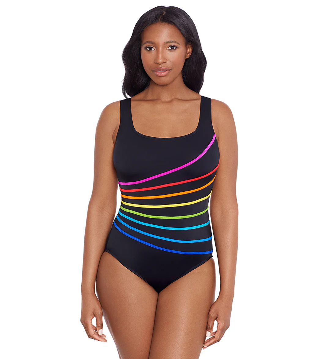 Longitude Women's Block It Up 8 Overlay Fan Tank Long Torso One Piece Swimsuit - Image 10