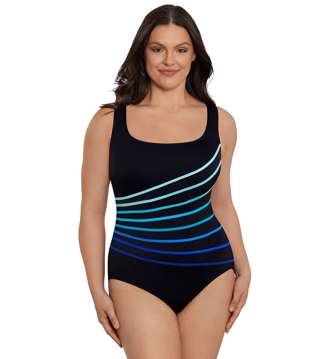 Longitude Women's Block It Up 8 Overlay Fan Tank Long Torso One Piece Swimsuit - Image 16