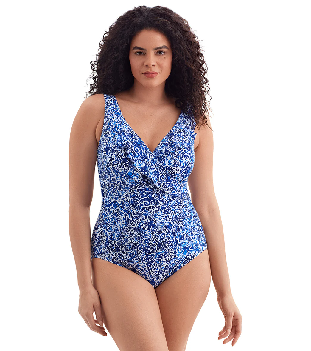 Longitude Women's Fine China Ruffle Front Surplice Long Torso One Piece Swimsuit - Image 7