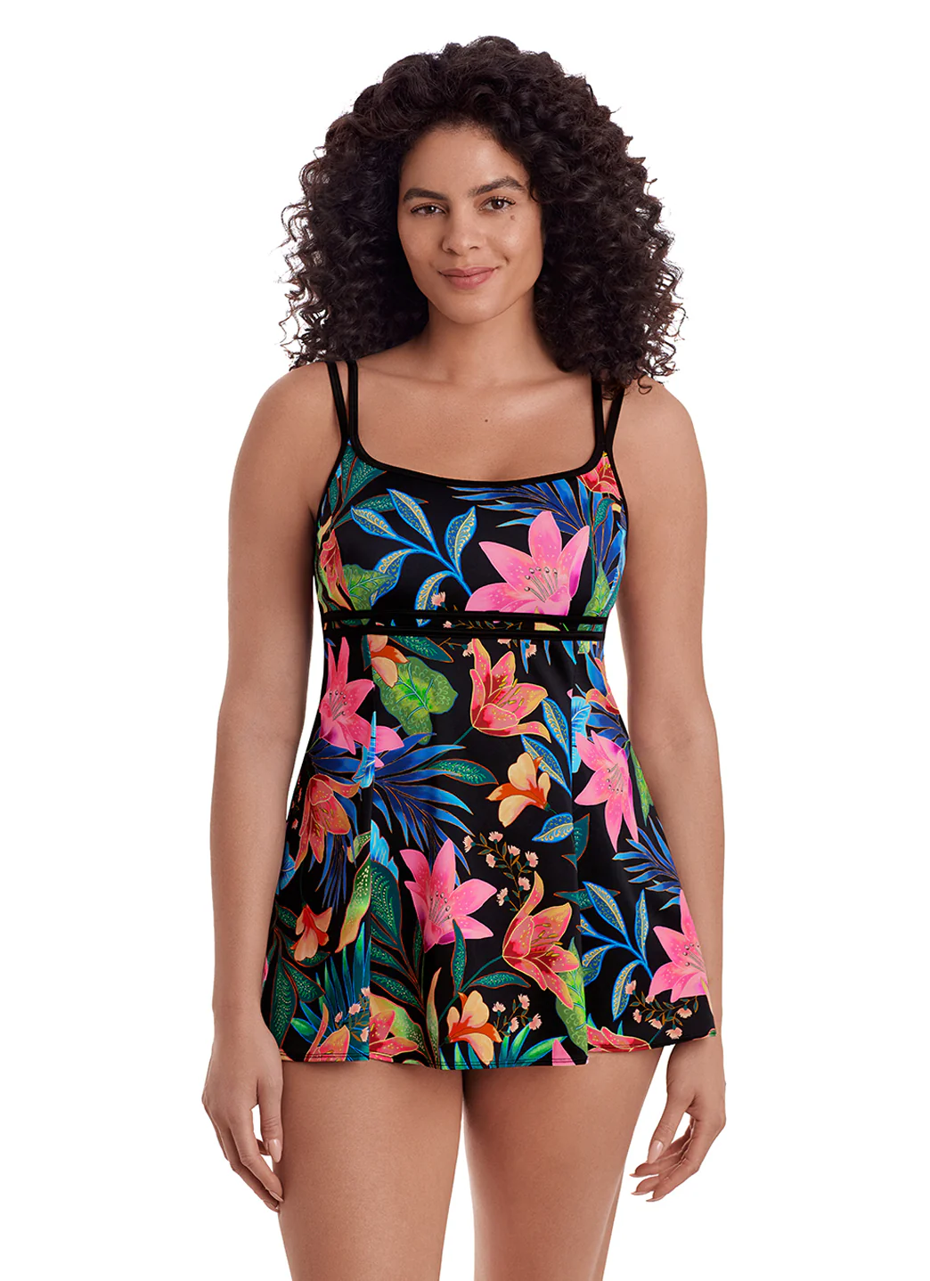 Longitude Women's Long Torso Mighnight Plumeria Empire Princess Seam Swim Dress - Image 2
