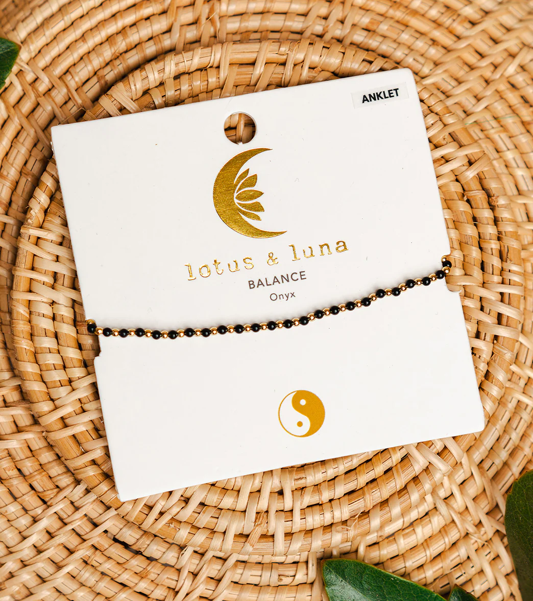 Lotus and Luna Balance Onyx Gold Anklet - Image 3