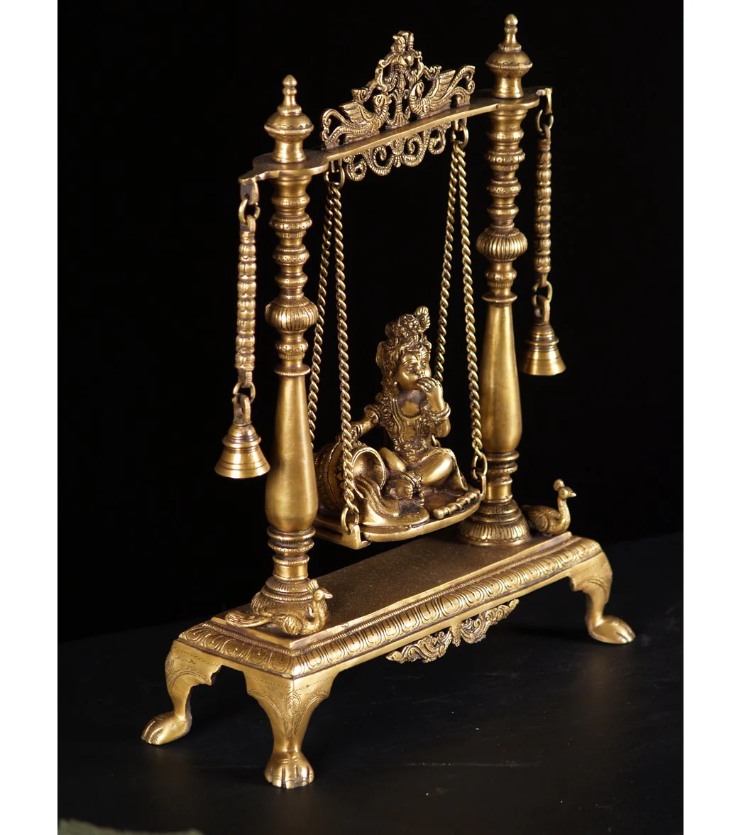 Lotus Sculpture Brass Butter Krishna On Swing 16" - Image 4