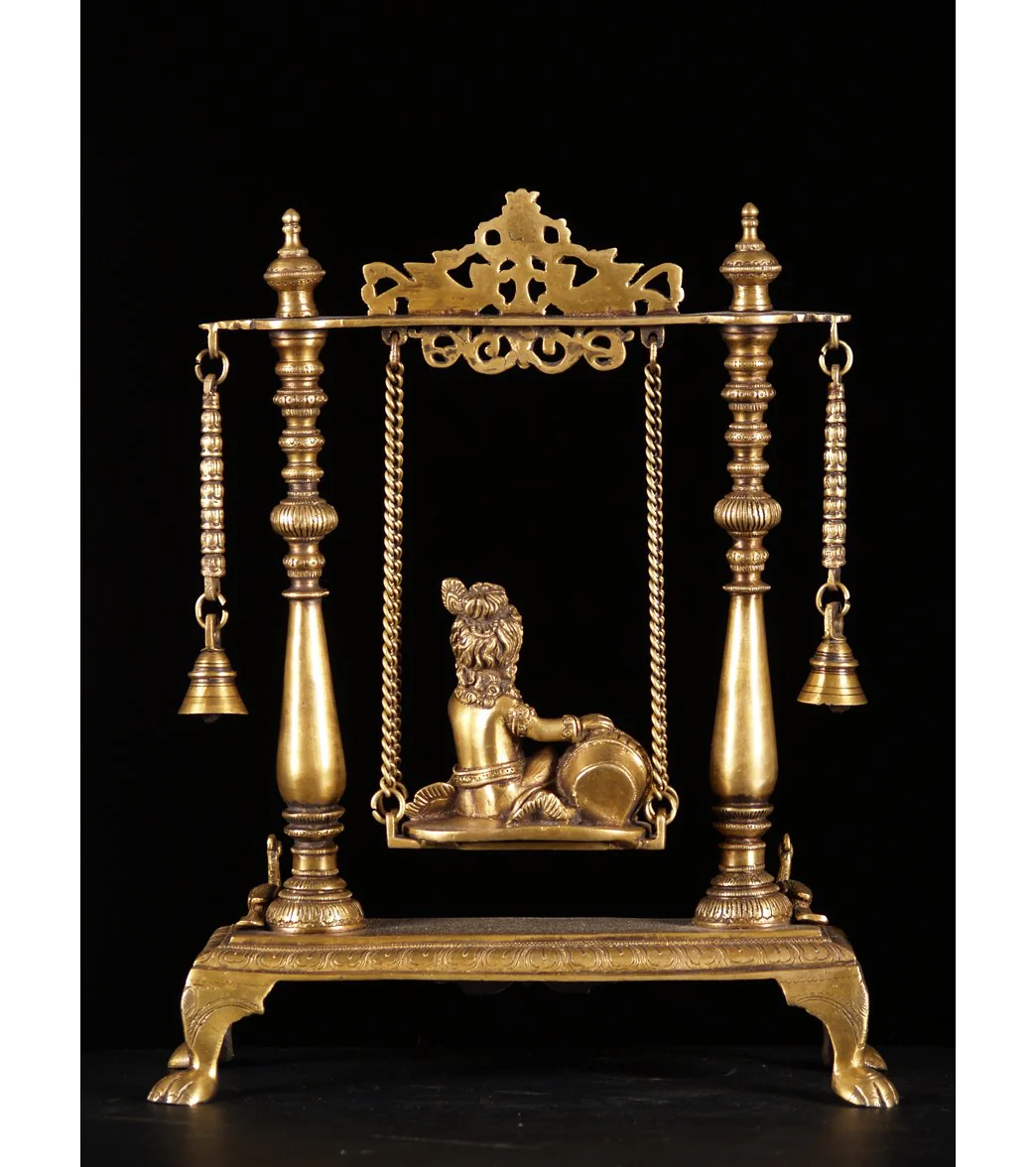 Lotus Sculpture Brass Butter Krishna On Swing 16" - Image 6