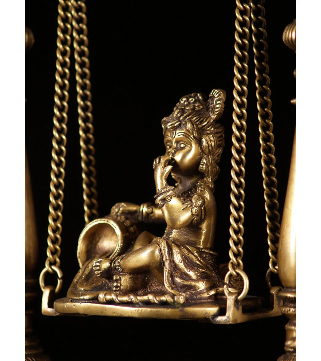Lotus Sculpture Brass Butter Krishna On Swing 16" - Image 7