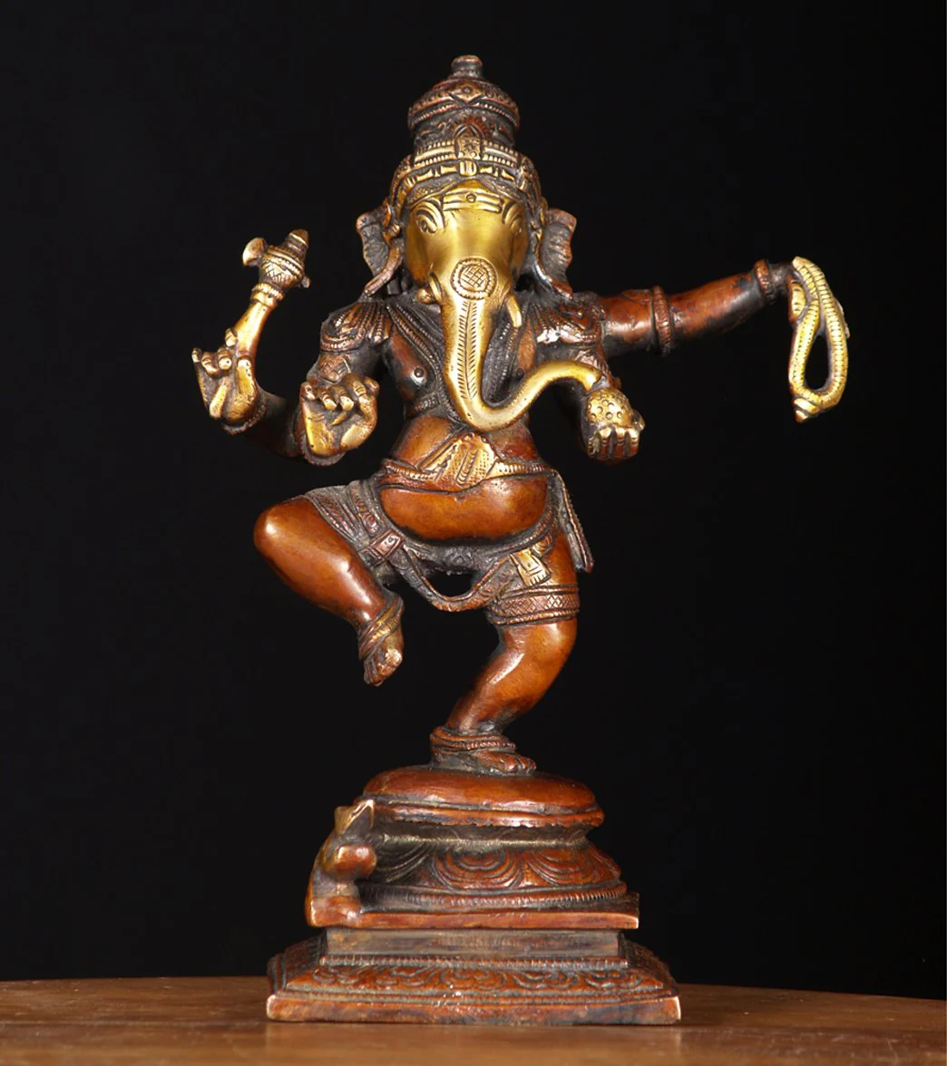 Lotus Sculpture Brass Dancing Ganapathi Statue 9"