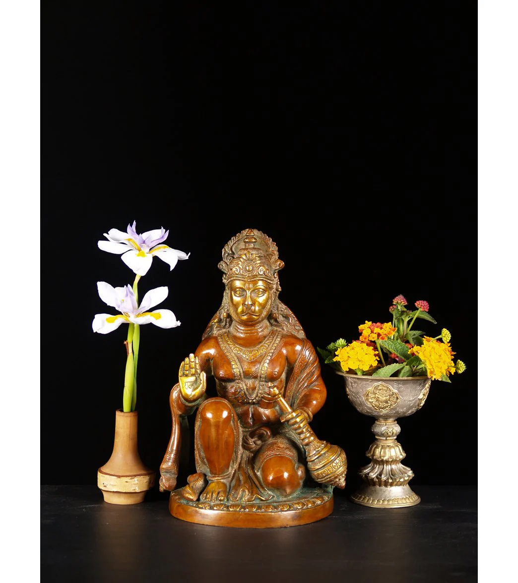 Lotus Sculpture Brass Kneeling Hanuman Statue 10"