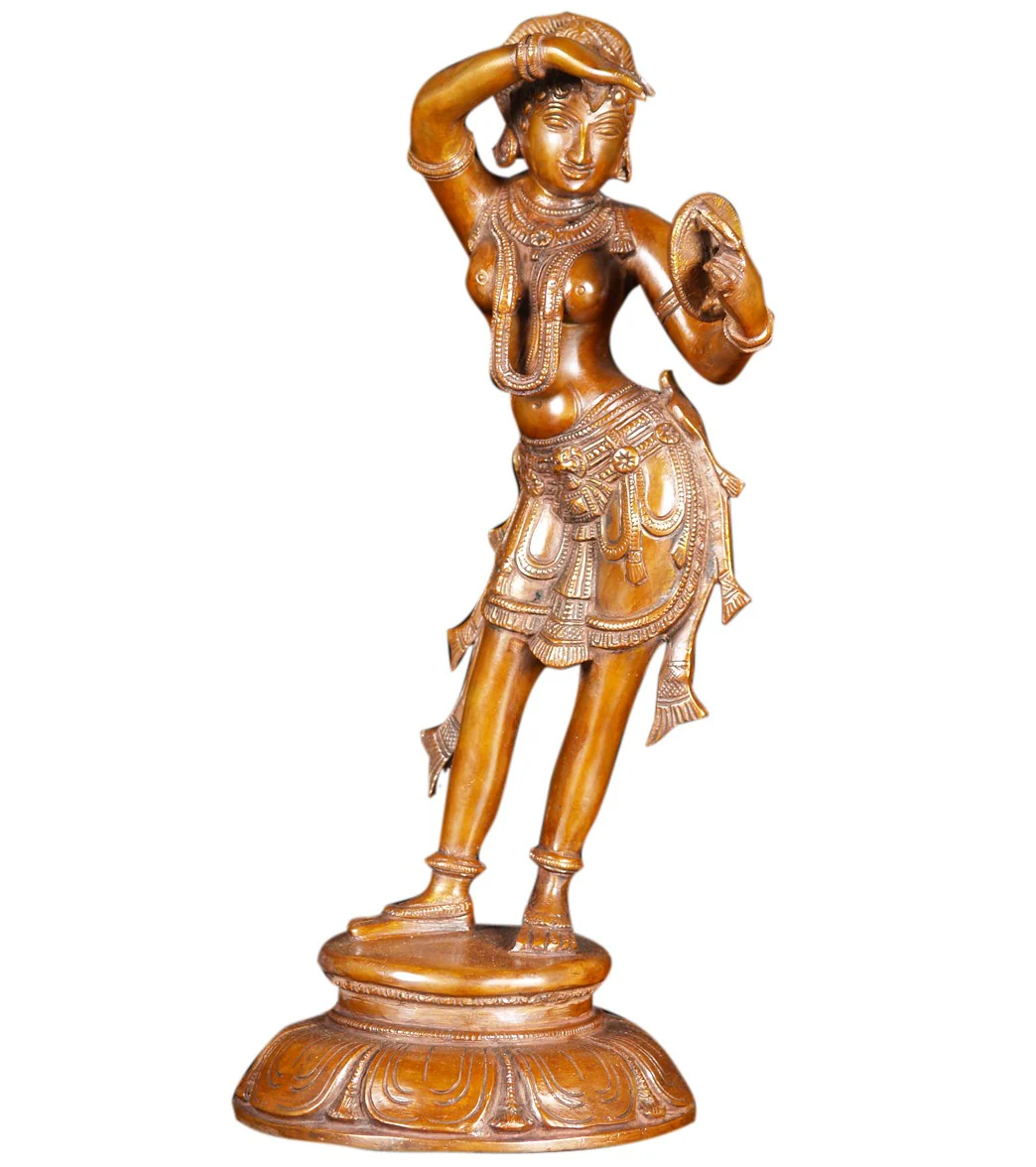 Lotus Sculpture Brass Mirror Devi Statue 14"