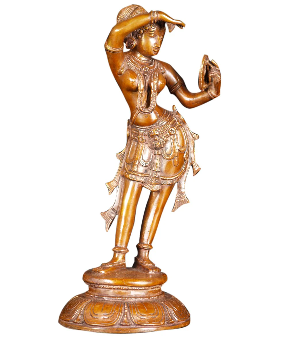 Lotus Sculpture Brass Mirror Devi Statue 14" - Image 2