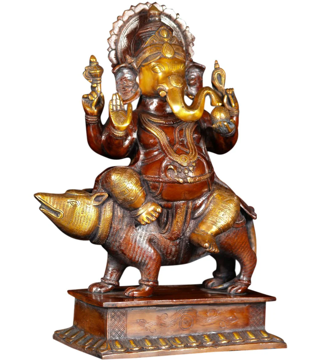 Lotus Sculpture Brass Mooshika Ganesh Statue 18" - Image 2